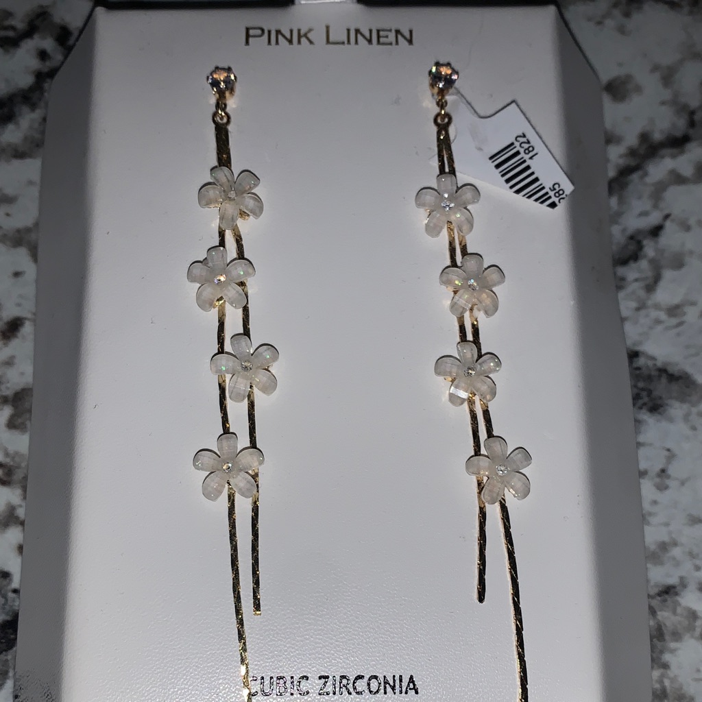 New-Pink Linen Gold And White Floral Earrings